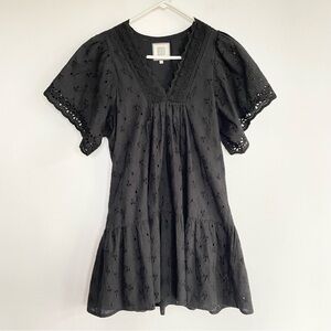 Alicia Bell Black Eyelet Mini Dress Lace Tiered 100% Cotton Sundress XS